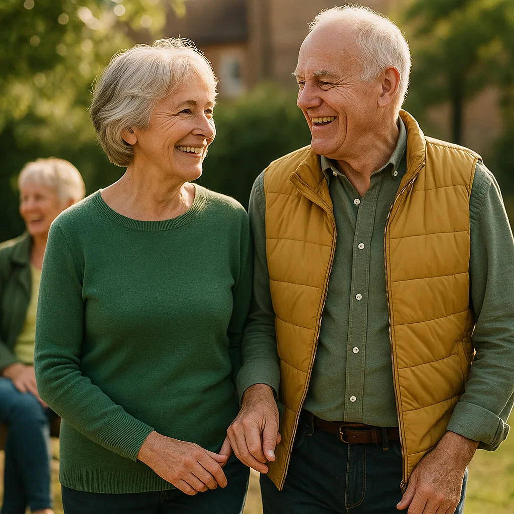Retired man reading and smiling at a message